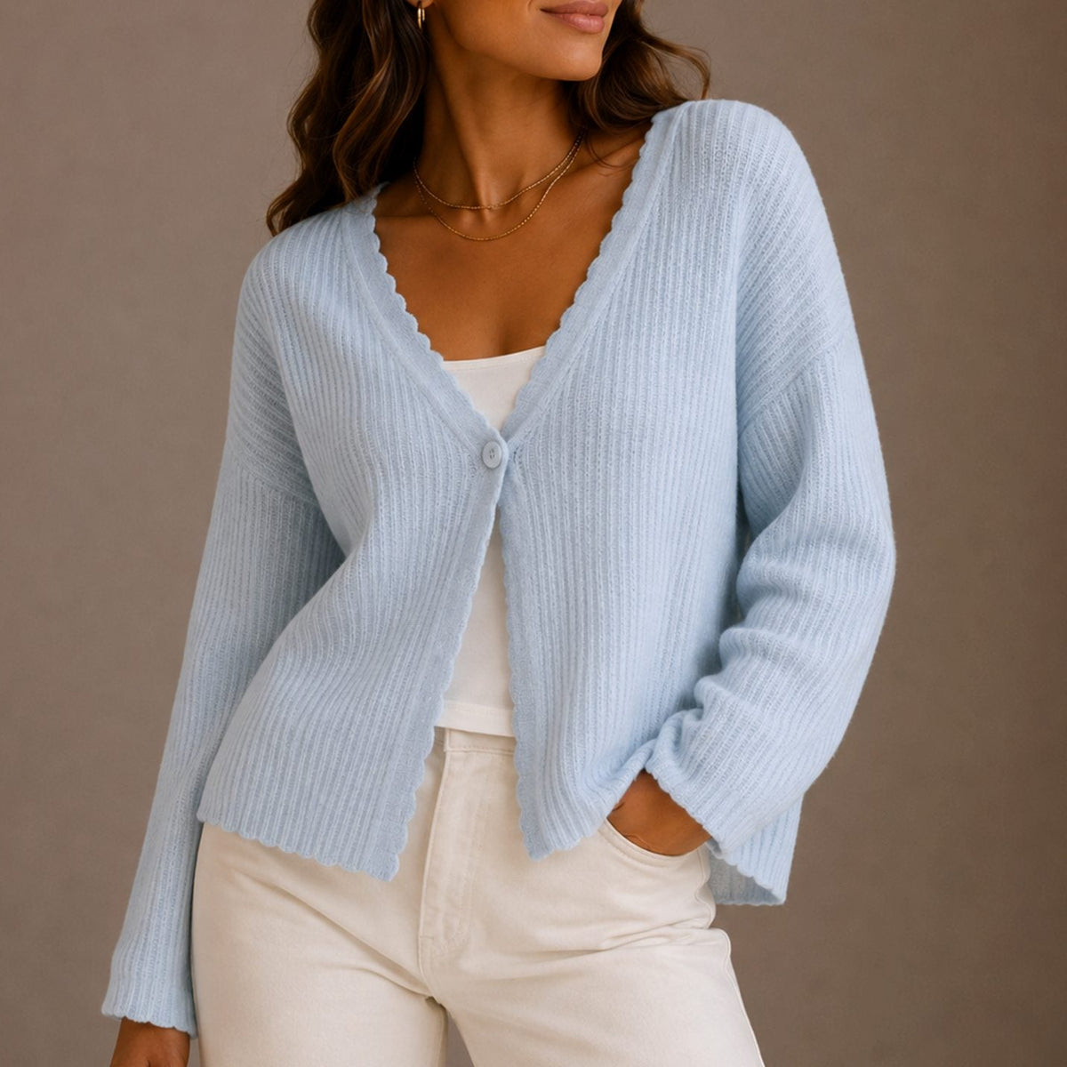 Penelope | Women's Scallop-Trim V-Neck Button-Front Knit Cardigan
