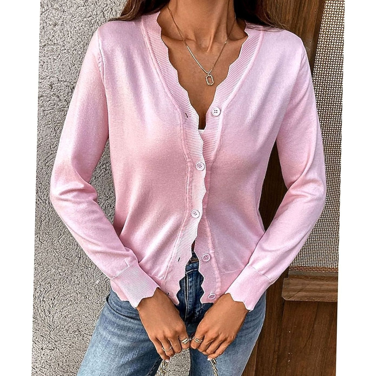 Aria | Women's Scalloped-Edge V-Neck Button-Front Knit Cardigan