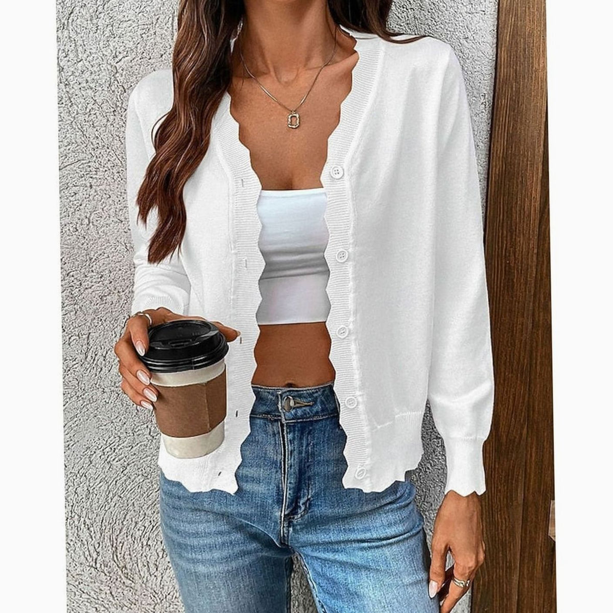 Aria | Women's Scalloped-Edge V-Neck Button-Front Knit Cardigan