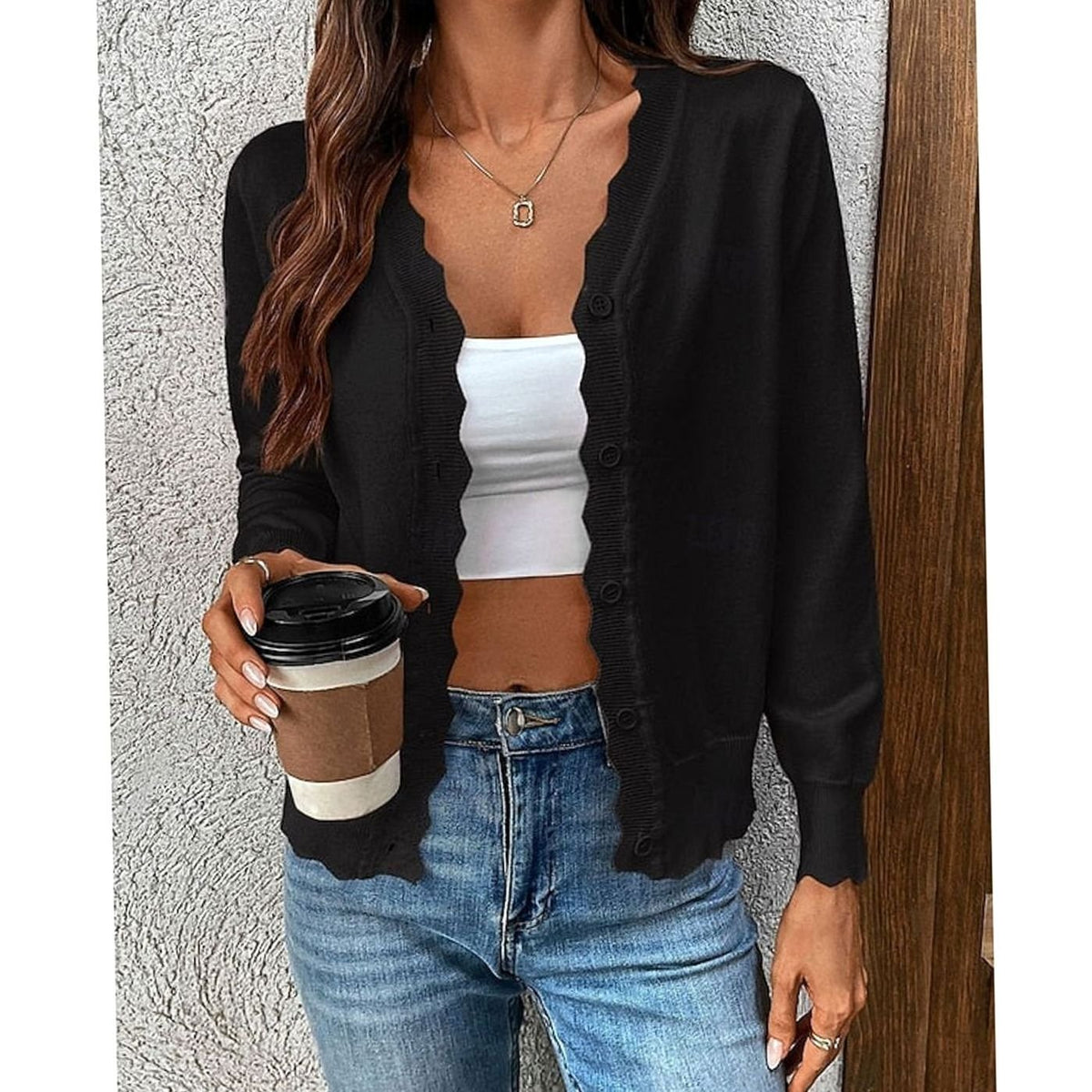 Aria | Women's Scalloped-Edge V-Neck Button-Front Knit Cardigan