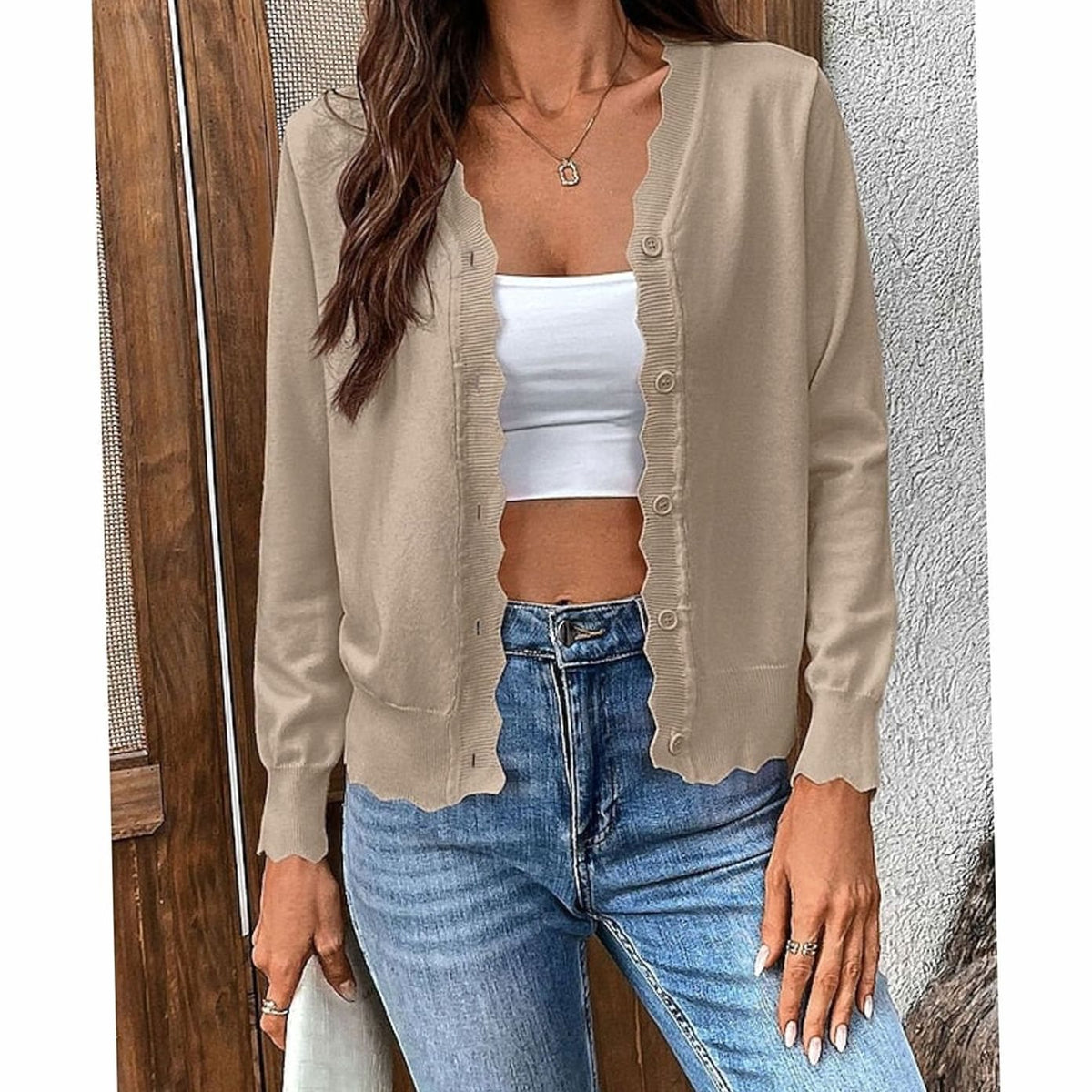 Aria | Women's Scalloped-Edge V-Neck Button-Front Knit Cardigan