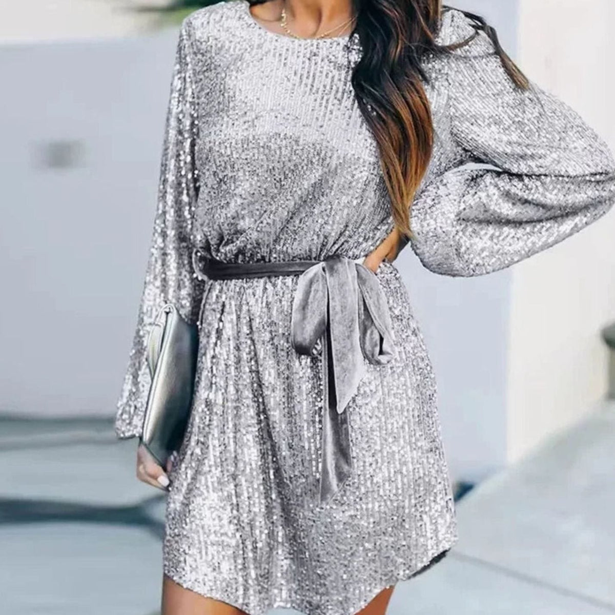 Scarlett | Women's Sequin Christmas Party Dress Balloon Sleeve Belted Mini