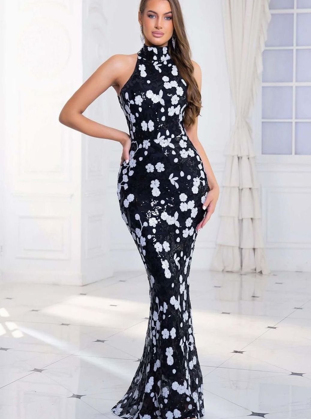 Emma | Women's Sequin Floral Halter-Neck Maxi Christmas Party Dress