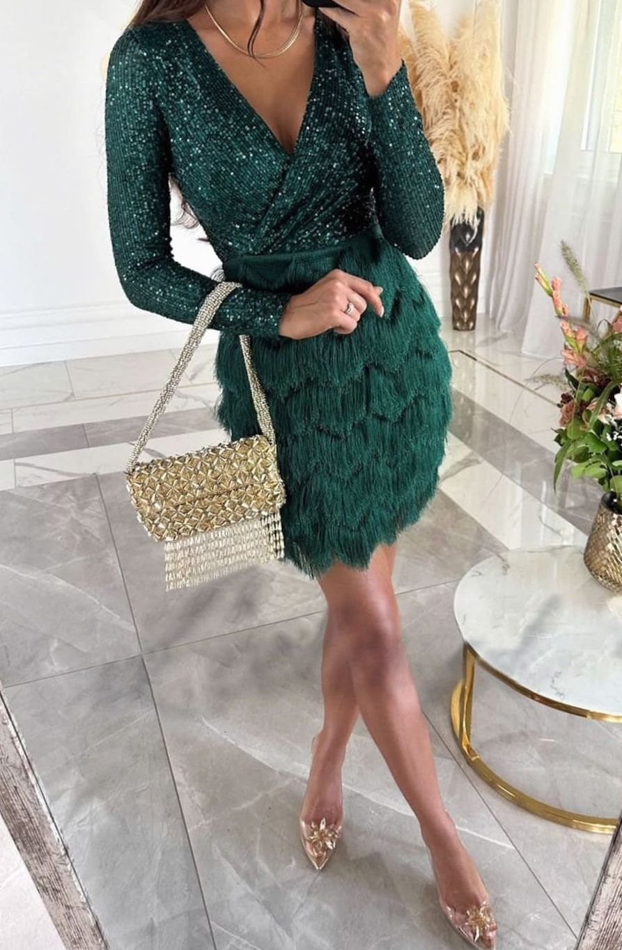 Emma | Women's Sequin Fringe Christmas Party Mini Dress Long Sleeve V-Neck