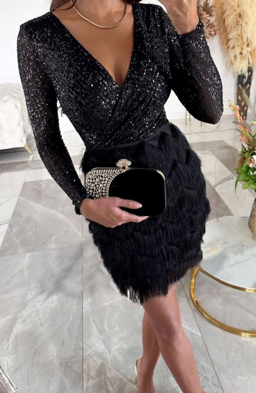 Emma | Women's Sequin Fringe Christmas Party Mini Dress Long Sleeve V-Neck