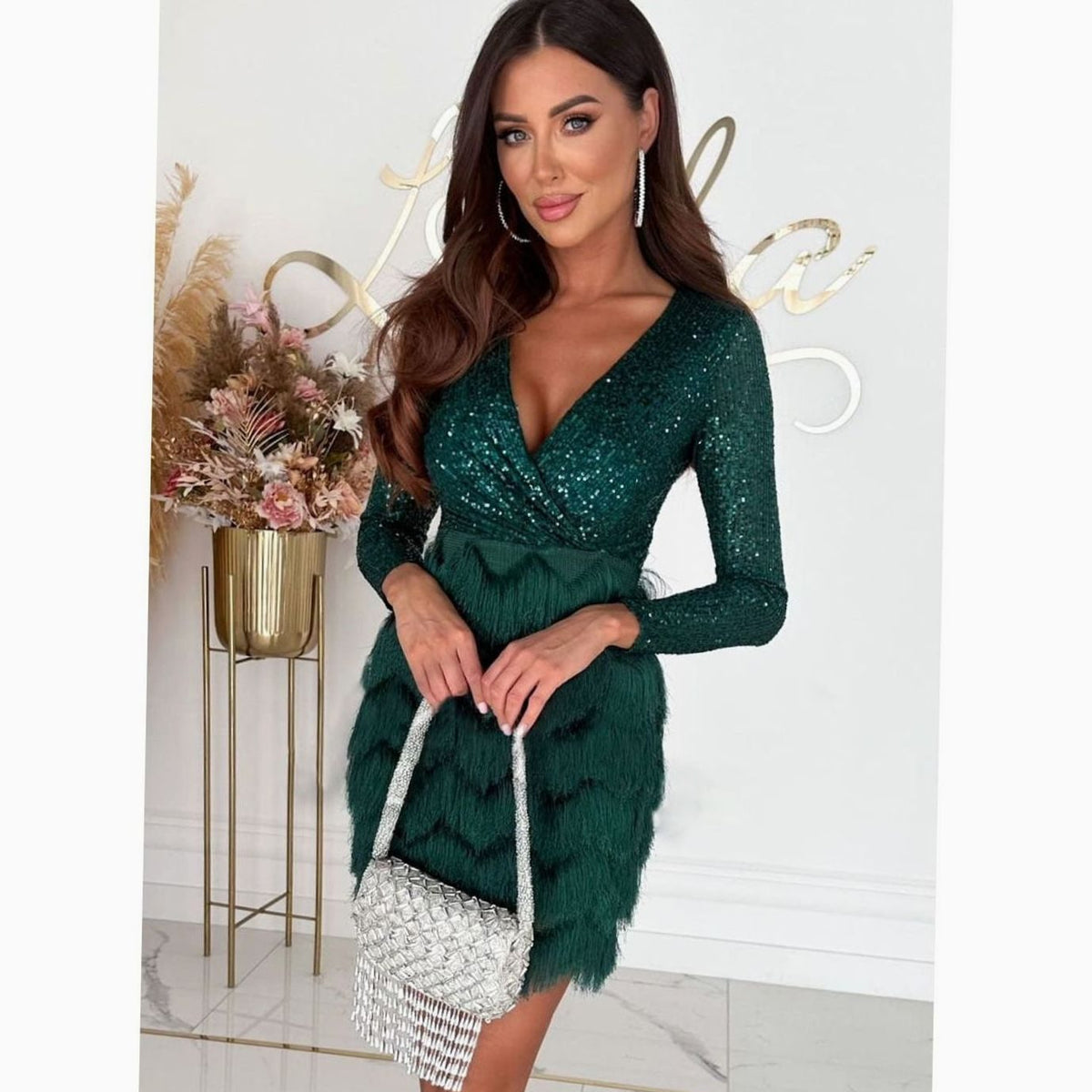 Emma | Women's Sequin Fringe Christmas Party Mini Dress Long Sleeve V-Neck