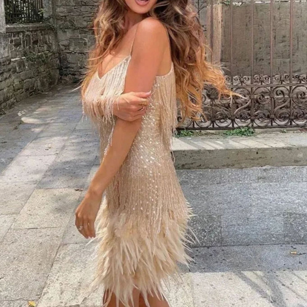 Layla | Women's Sequin Fringe Feather-Hem Spaghetti Strap Mini Dress