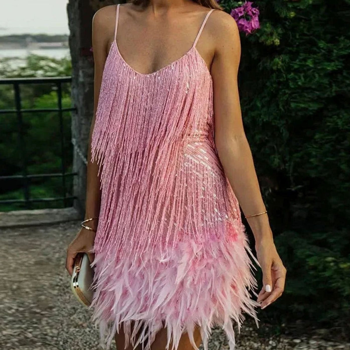 Layla | Women's Sequin Fringe Feather-Hem Spaghetti Strap Mini Dress