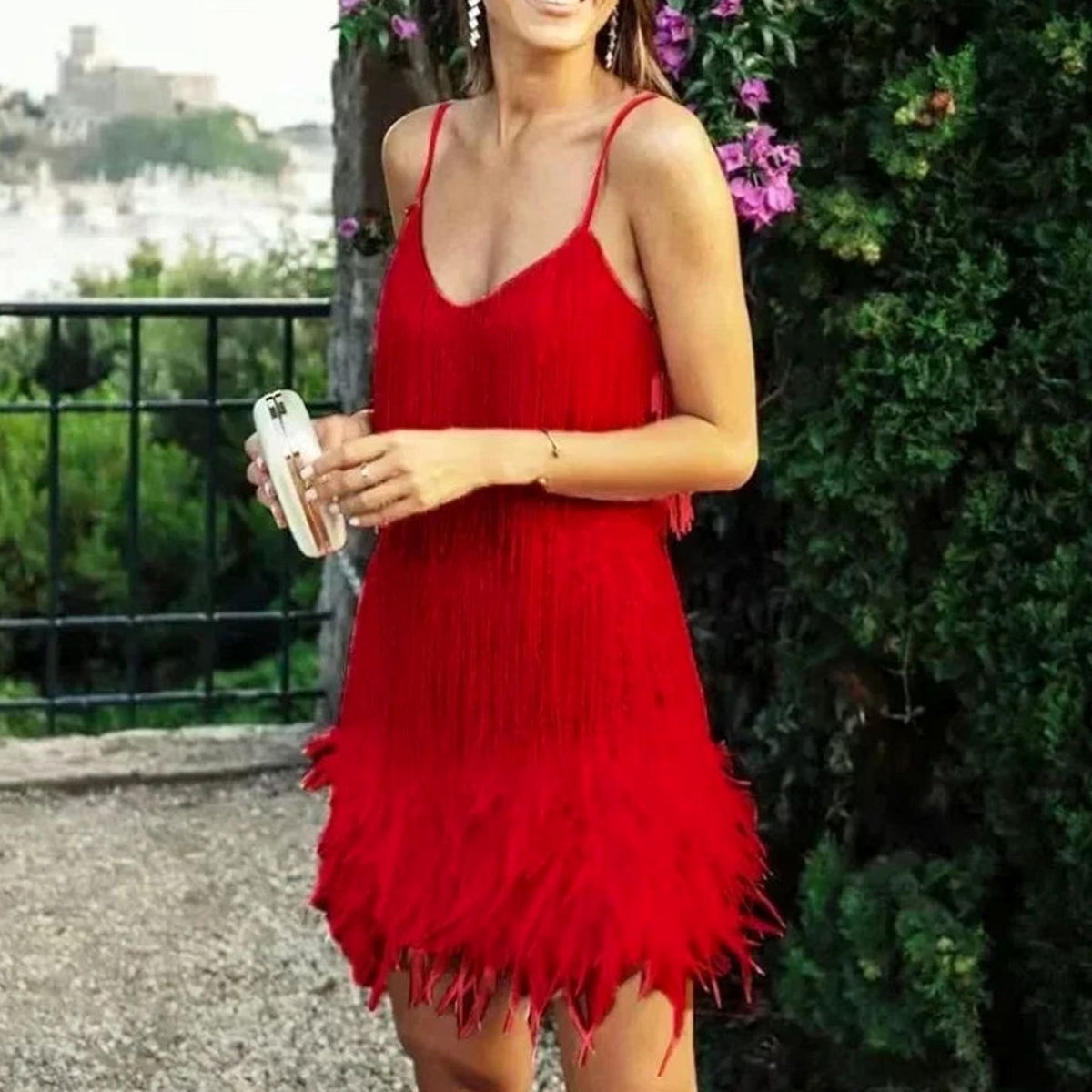 Layla | Women's Sequin Fringe Feather-Hem Spaghetti Strap Mini Dress