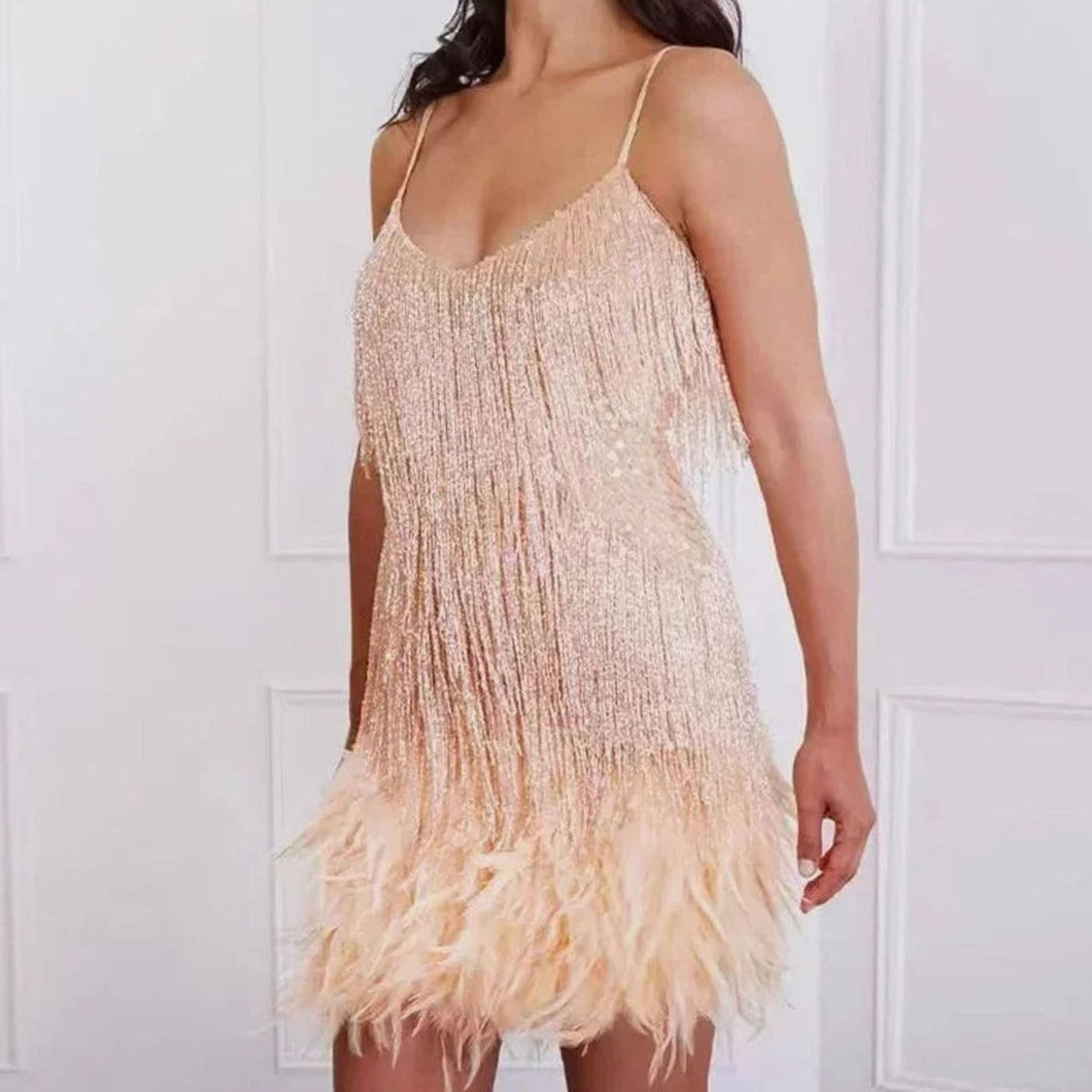 Layla | Women's Sequin Fringe Feather-Hem Spaghetti Strap Mini Dress