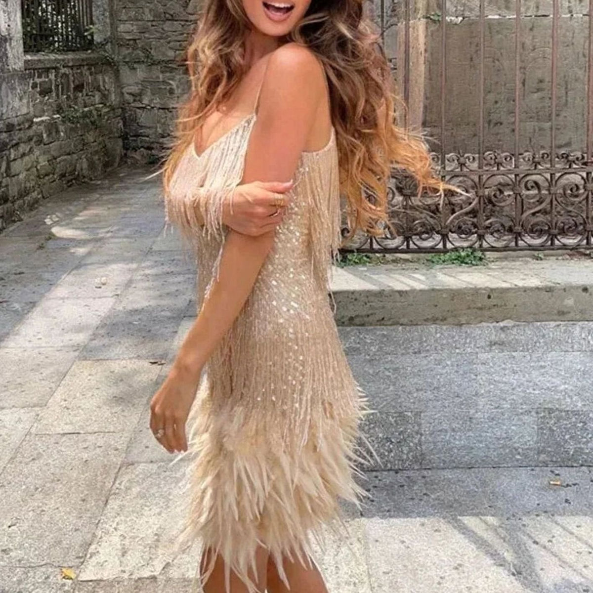 Layla | Women's Sequin Fringe Feather-Hem Spaghetti Strap Mini Dress