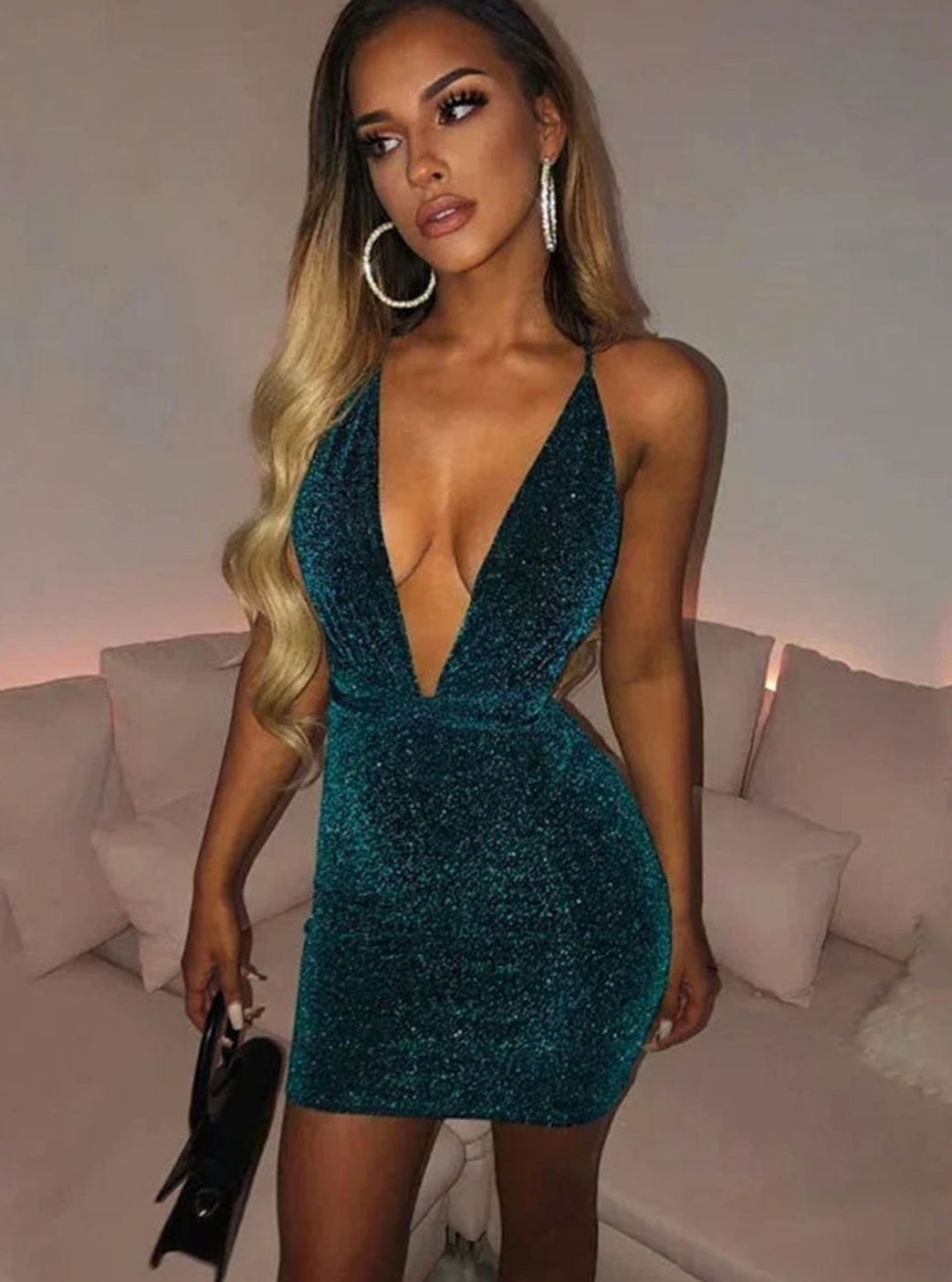 Layla | Women's Sequin Halter Deep V-Neck Backless Bodycon Mini Dress