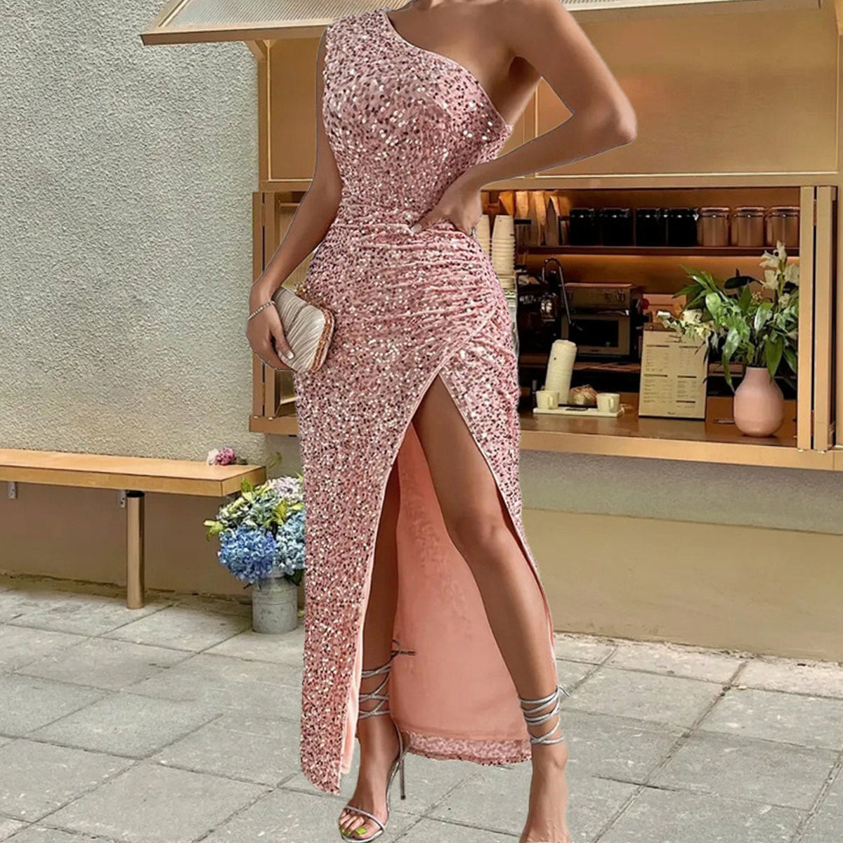 Camila | Women's Sequin One-Shoulder High-Slit Christmas Party Maxi Dress