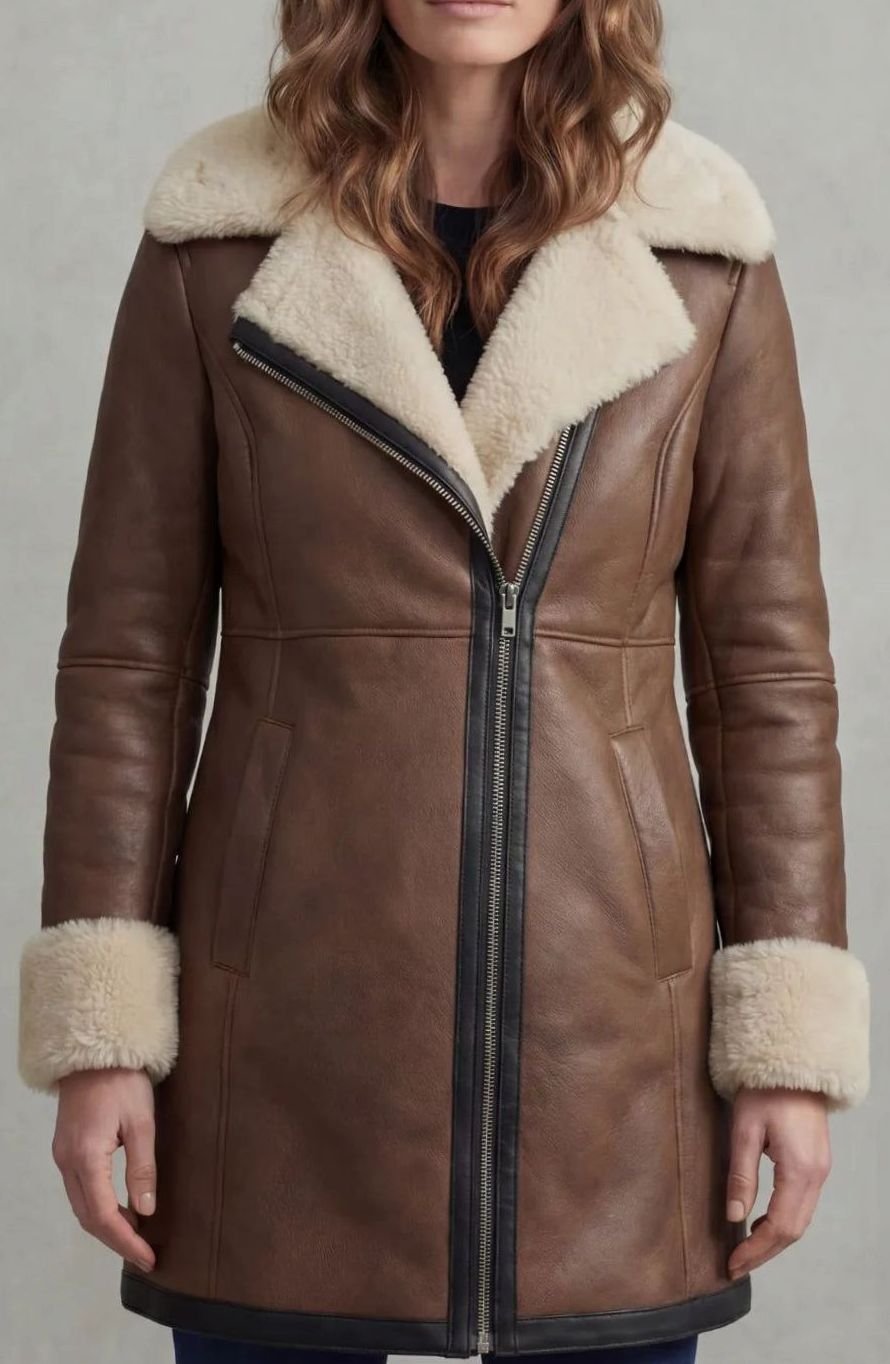 Harper | Women's Shearling-Collar Zip-Front Leather Winter Coat