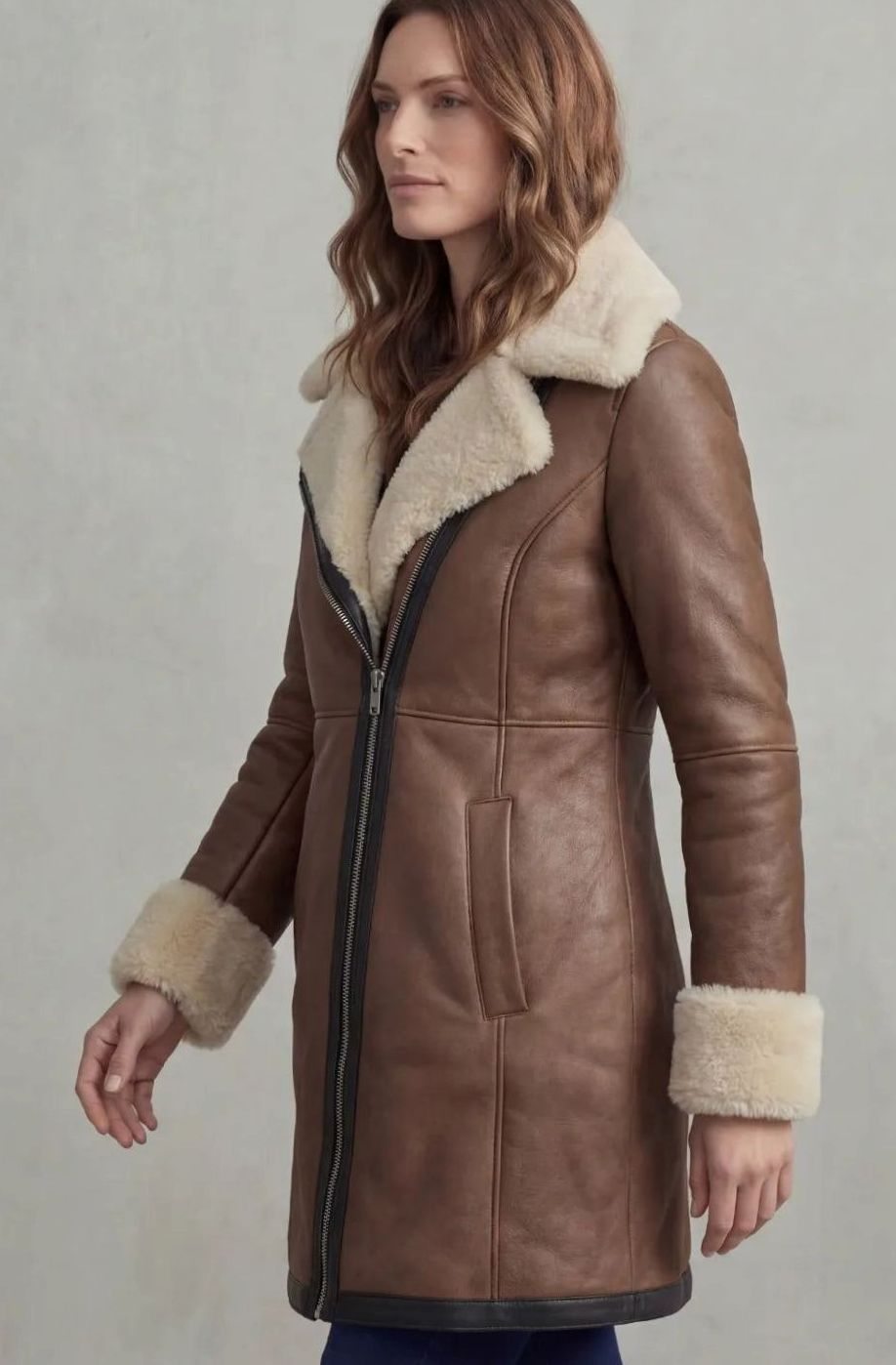 Harper | Women's Shearling-Collar Zip-Front Leather Winter Coat