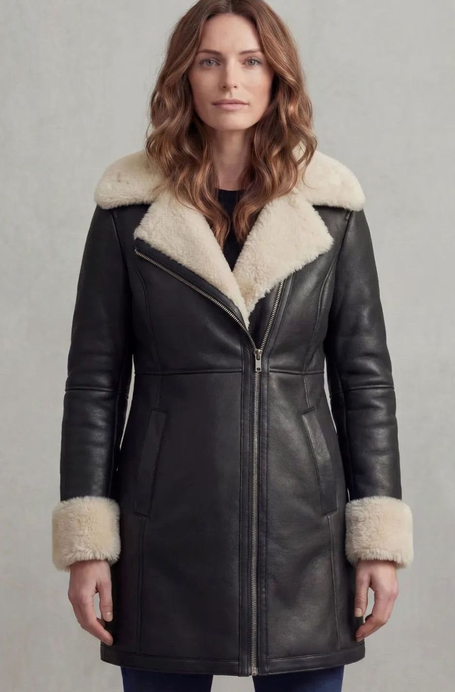 Harper | Women's Shearling-Collar Zip-Front Leather Winter Coat