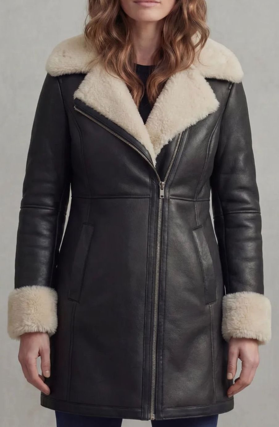 Harper | Women's Shearling-Collar Zip-Front Leather Winter Coat