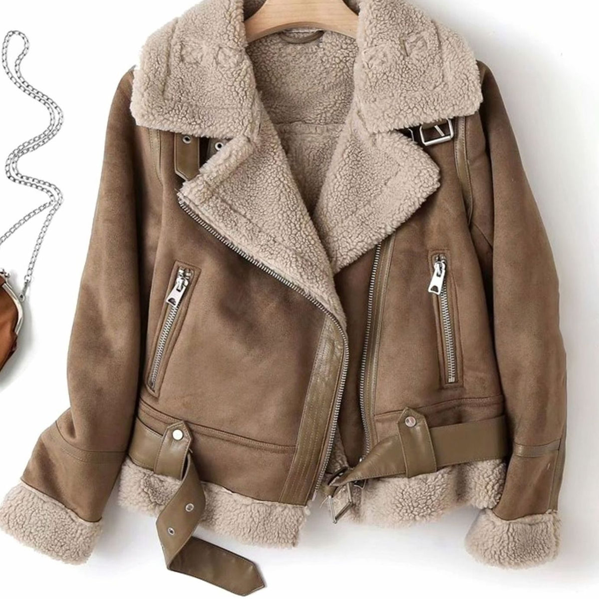 Amelia | Women's Shearling-Lined Suede Belted Moto Jacket, Tan