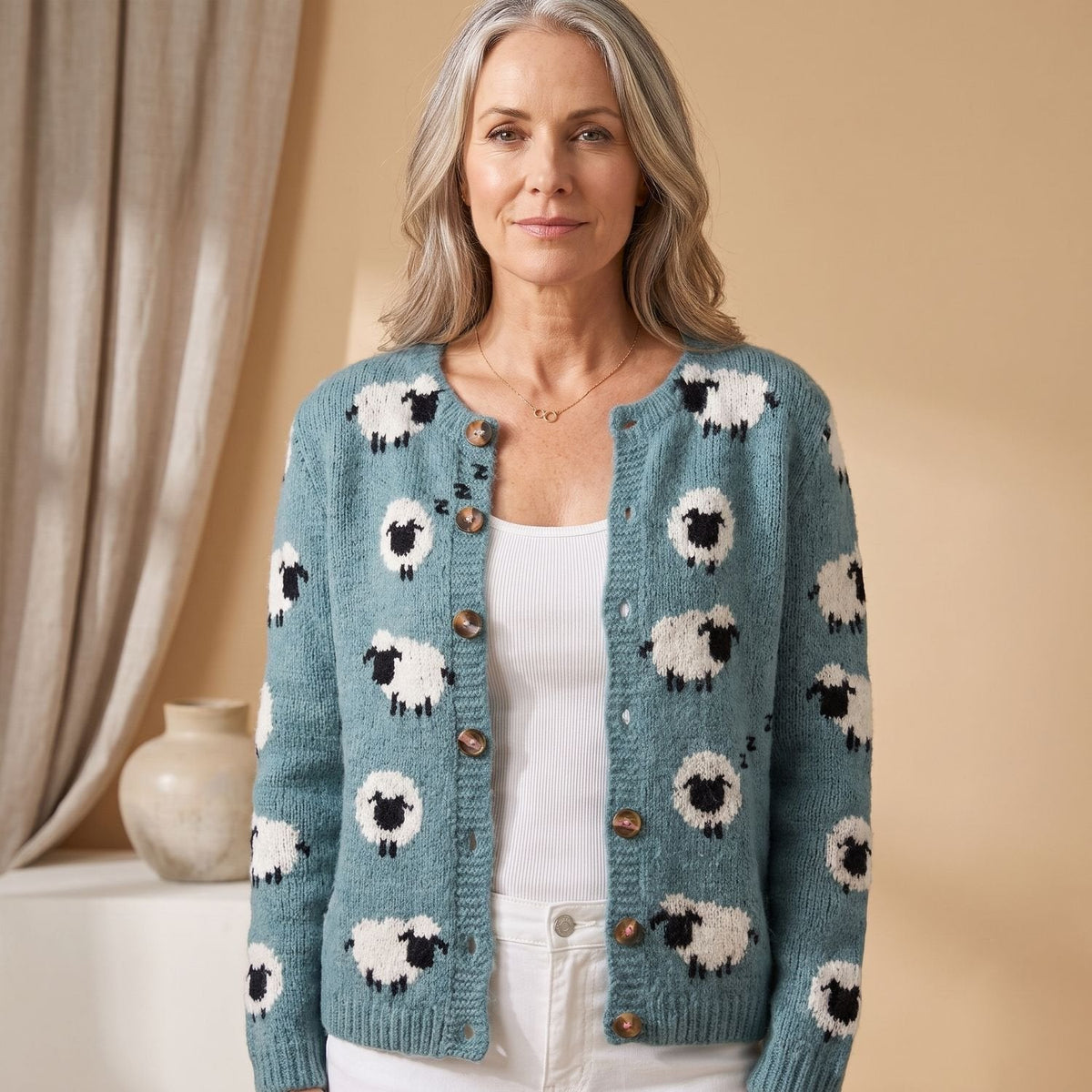 Layla | Women's Sheep Print Oversized Open Front Knit Cardigan