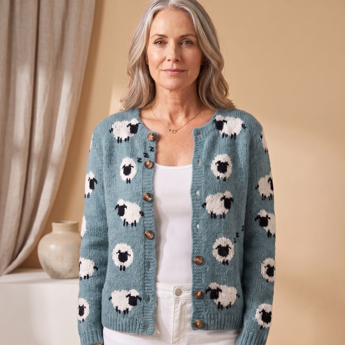 Layla | Women's Sheep Print Oversized Open Front Knit Cardigan