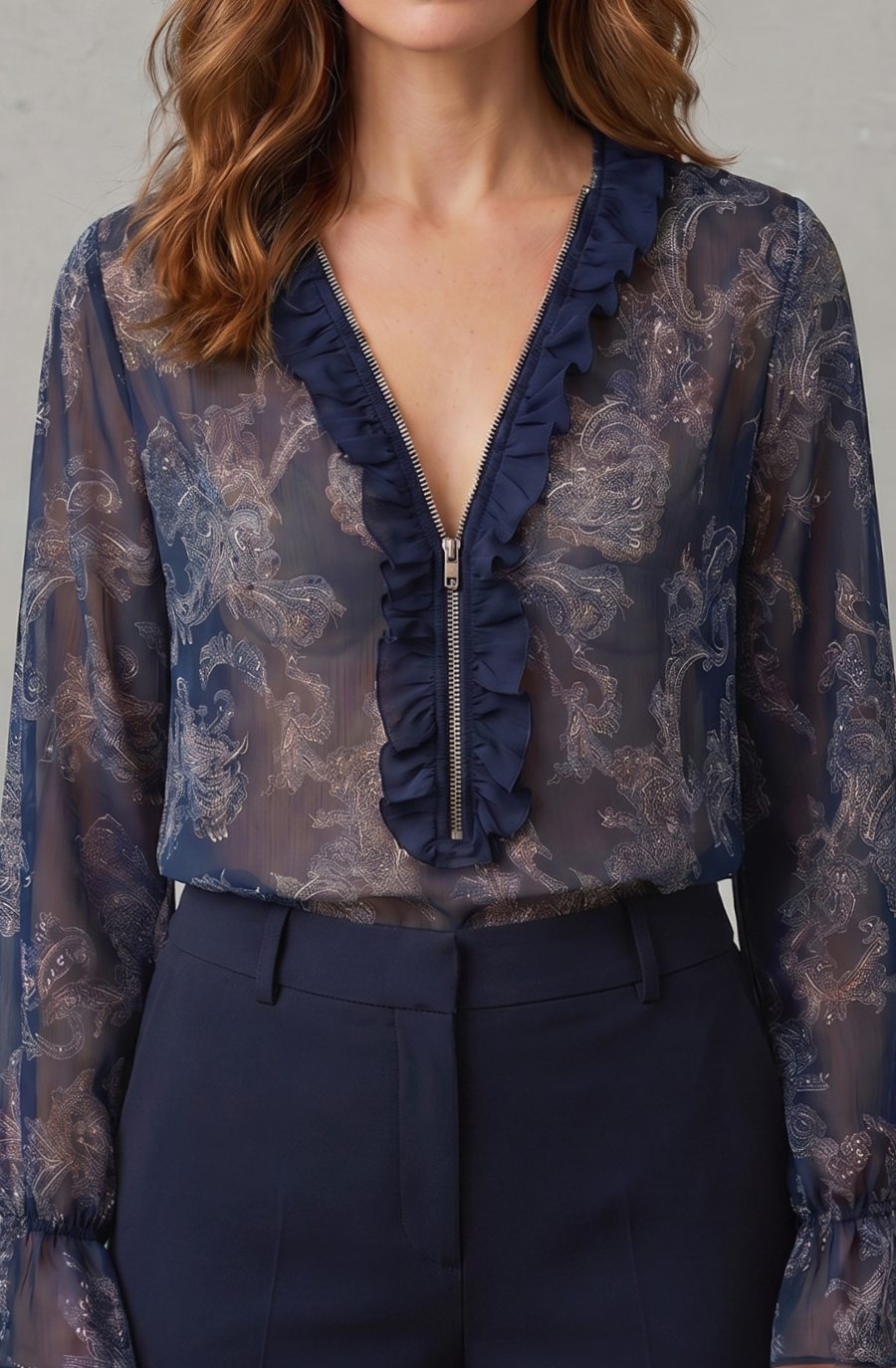 Luna | Women's Sheer Chiffon Paisley Ruffle V-Neck Long-Sleeve Blouse