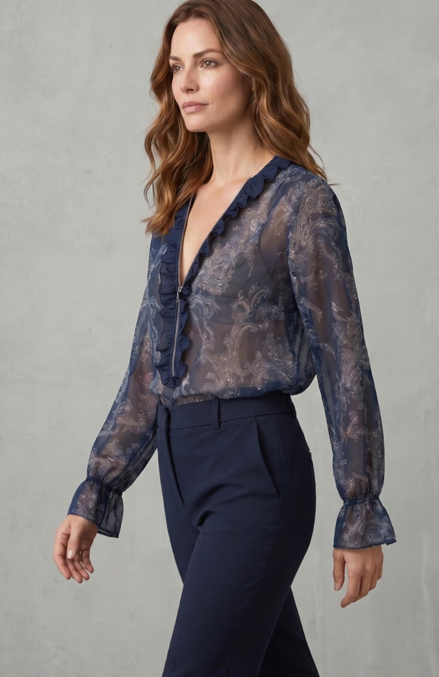 Luna | Women's Sheer Chiffon Paisley Ruffle V-Neck Long-Sleeve Blouse
