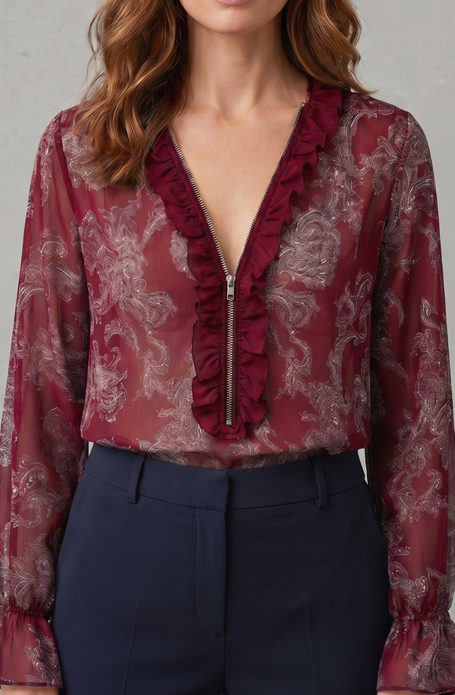 Luna | Women's Sheer Chiffon Paisley Ruffle V-Neck Long-Sleeve Blouse