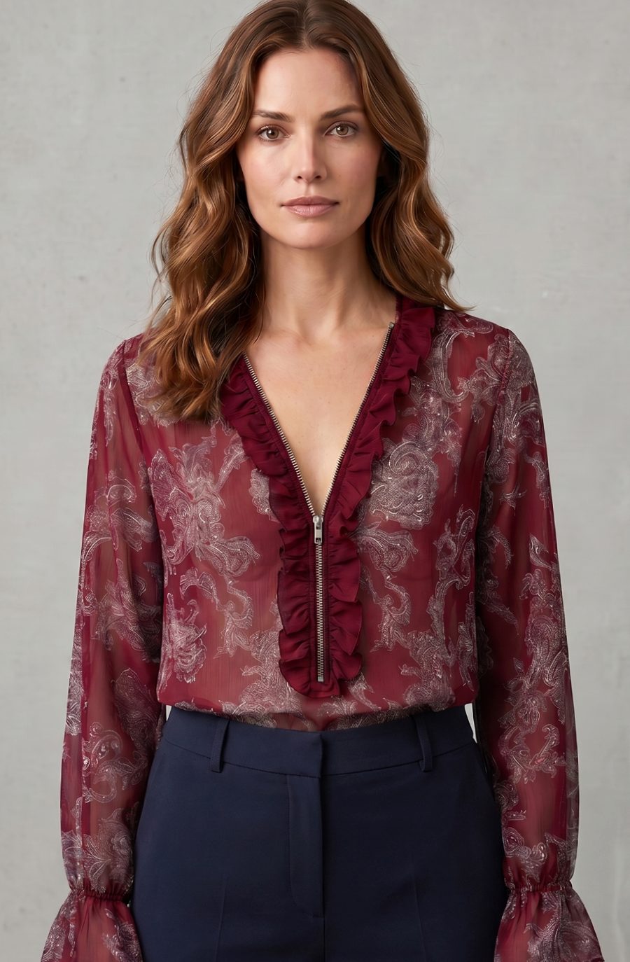Luna | Women's Sheer Chiffon Paisley Ruffle V-Neck Long-Sleeve Blouse