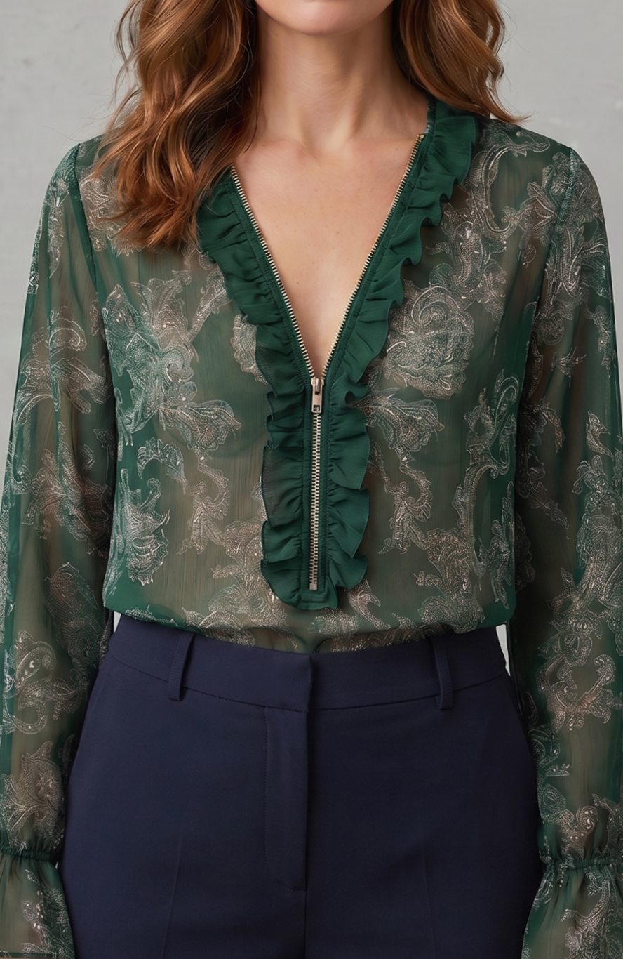 Luna | Women's Sheer Chiffon Paisley Ruffle V-Neck Long-Sleeve Blouse