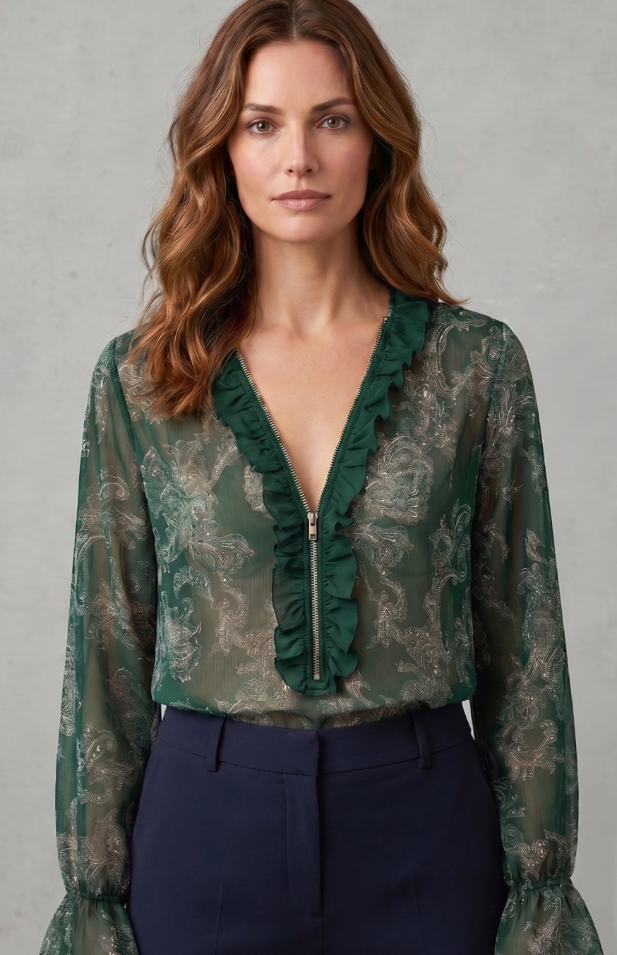 Luna | Women's Sheer Chiffon Paisley Ruffle V-Neck Long-Sleeve Blouse
