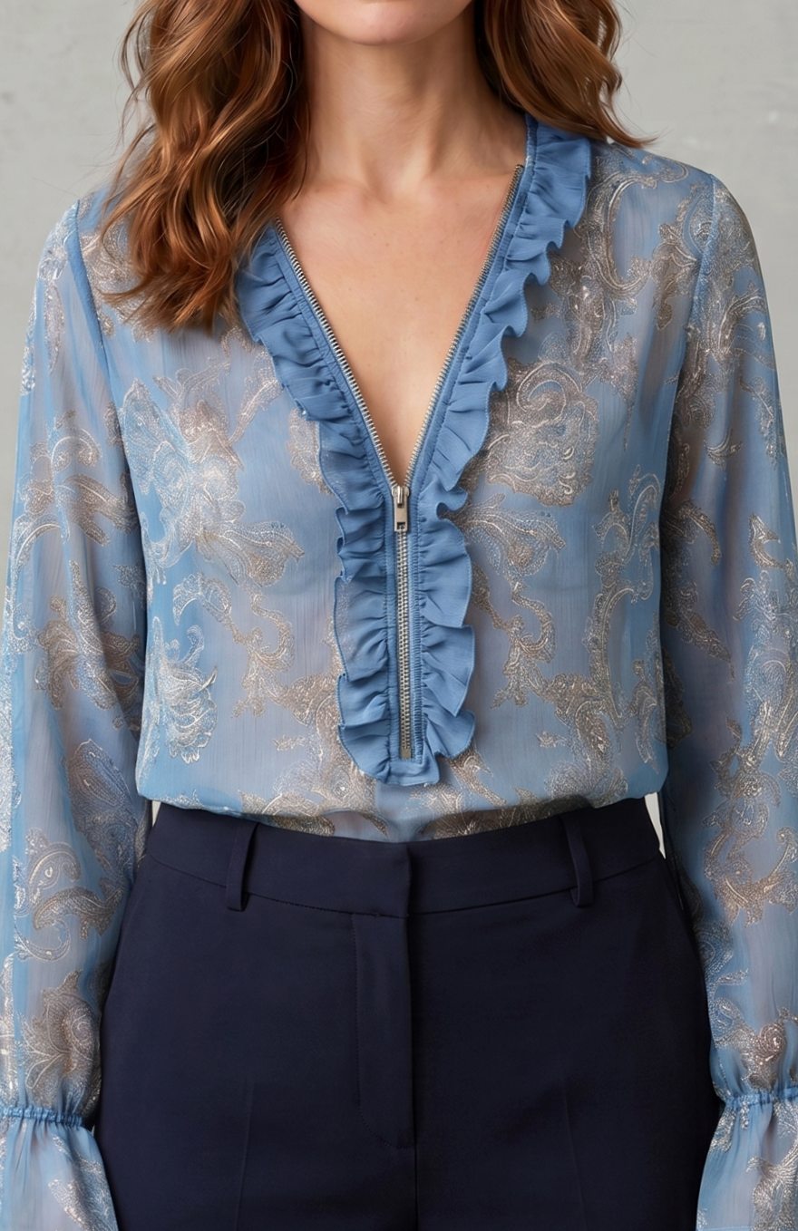 Luna | Women's Sheer Chiffon Paisley Ruffle V-Neck Long-Sleeve Blouse