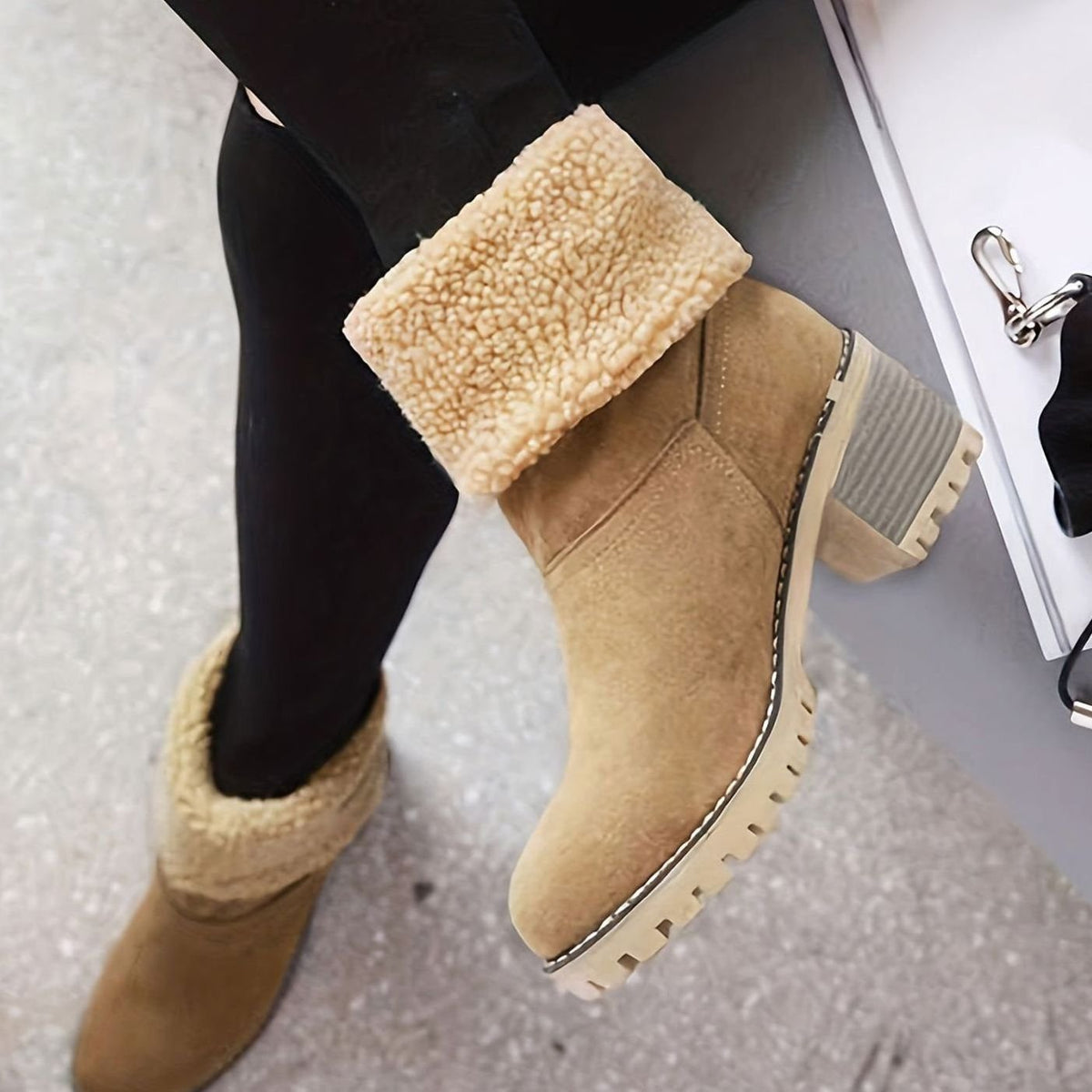Isabella | Women's Sherpa-Cuffed Slip-On Winter Snow Ankle Boots Block Heel