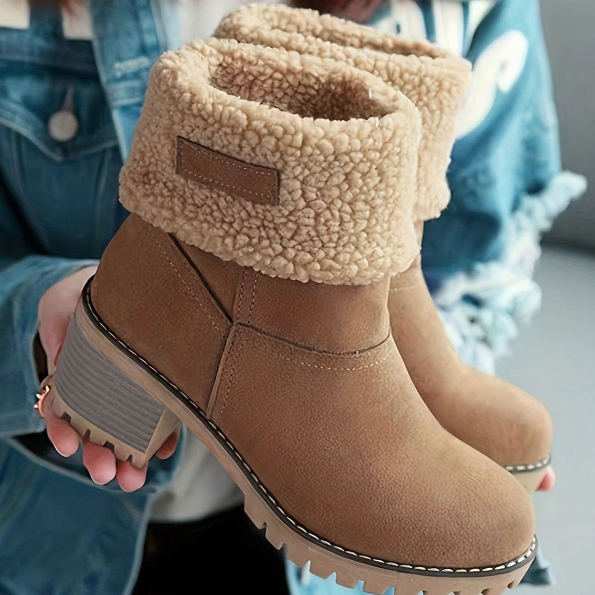 Isabella | Women's Sherpa-Cuffed Slip-On Winter Snow Ankle Boots Block Heel