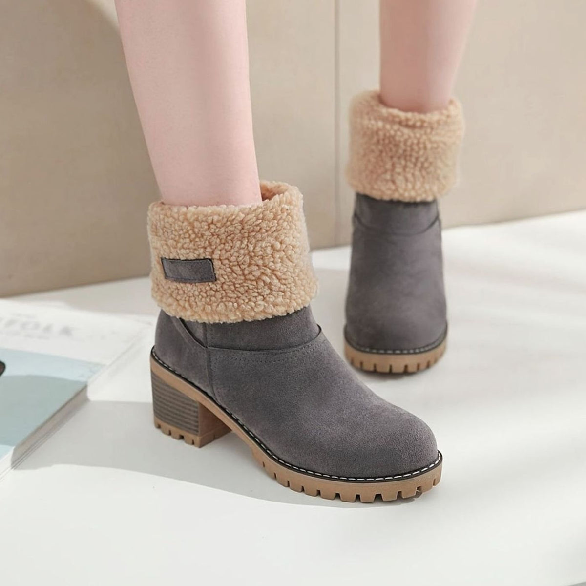 Isabella | Women's Sherpa-Cuffed Slip-On Winter Snow Ankle Boots Block Heel