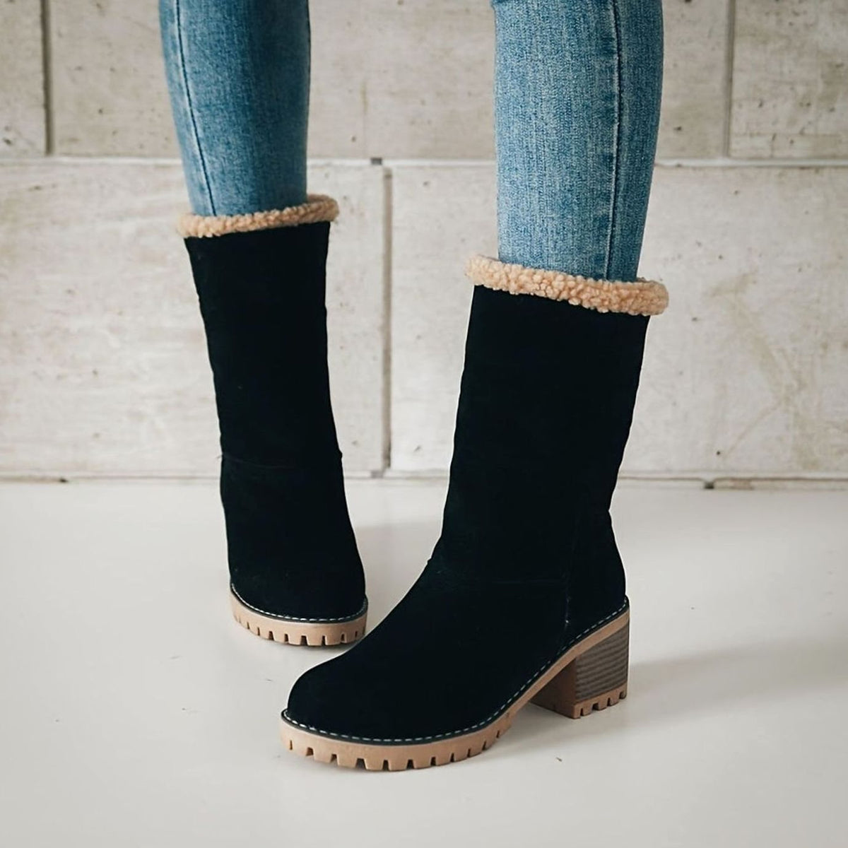Isabella | Women's Sherpa-Cuffed Slip-On Winter Snow Ankle Boots Block Heel