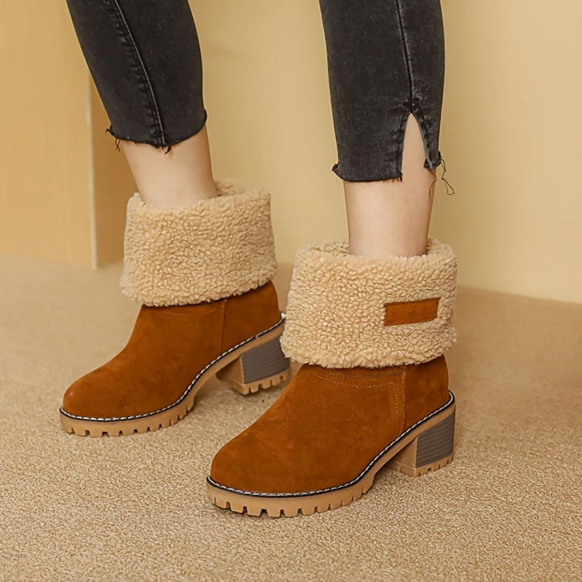 Isabella | Women's Sherpa-Cuffed Slip-On Winter Snow Ankle Boots Block Heel