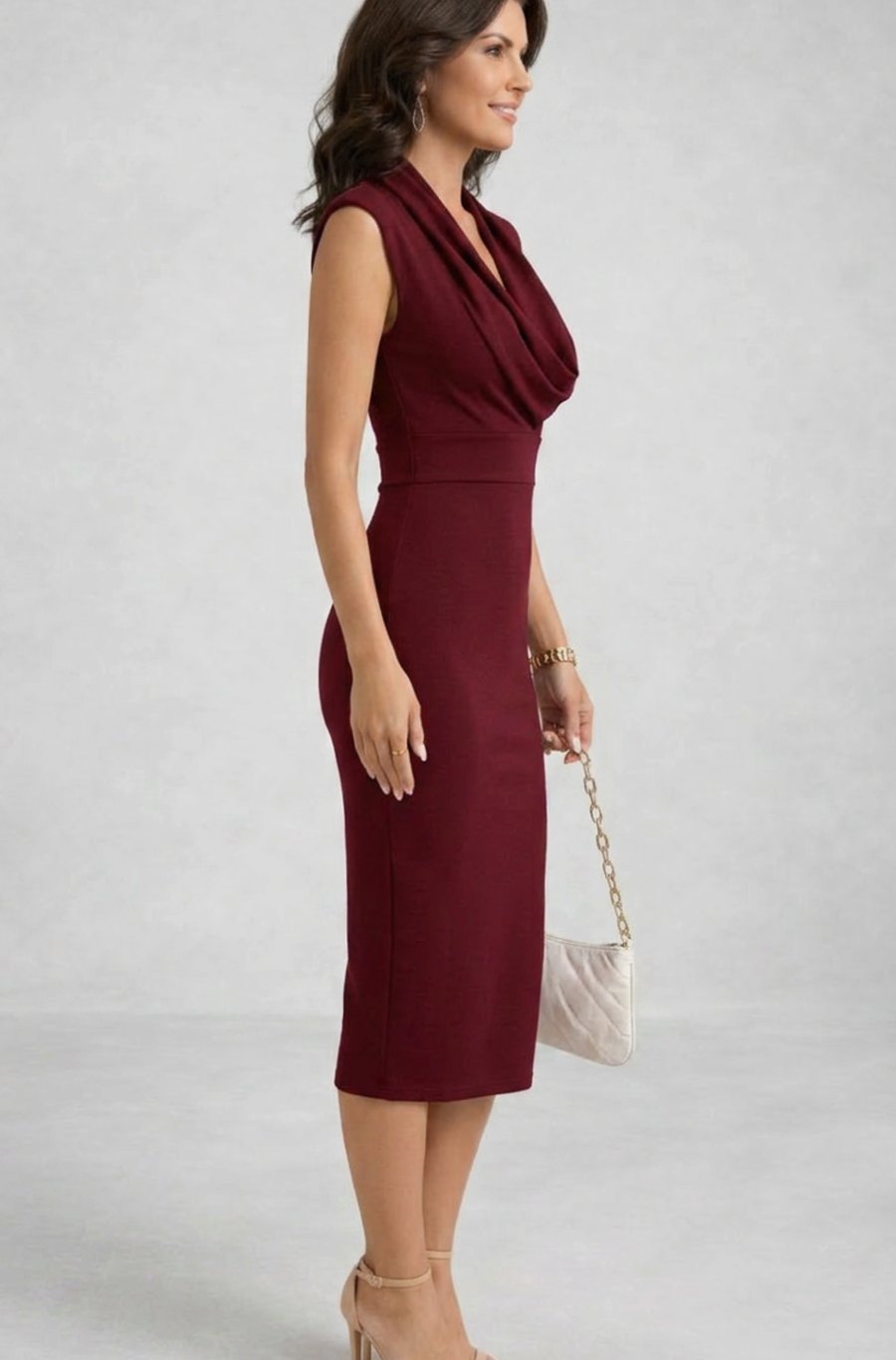 Madison | Women's Sleeveless Cowl Neck Pencil Midi Cocktail Dress
