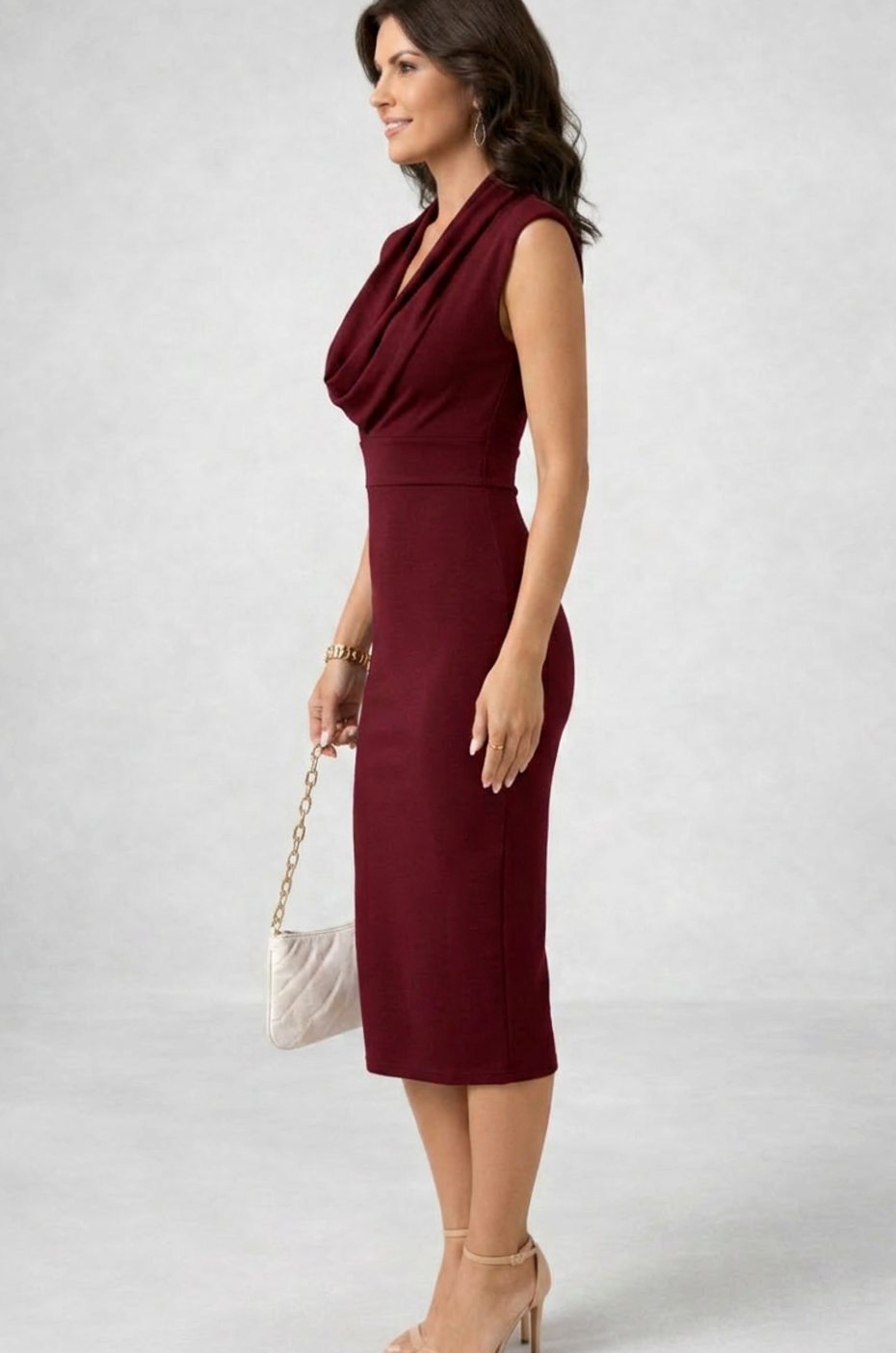 Madison | Women's Sleeveless Cowl Neck Pencil Midi Cocktail Dress