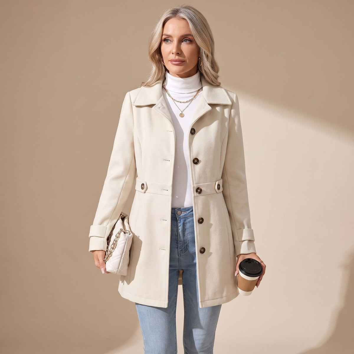 Grace | Women's Slim-Fit Single-Breasted Wool Coat Turn-Down Collar