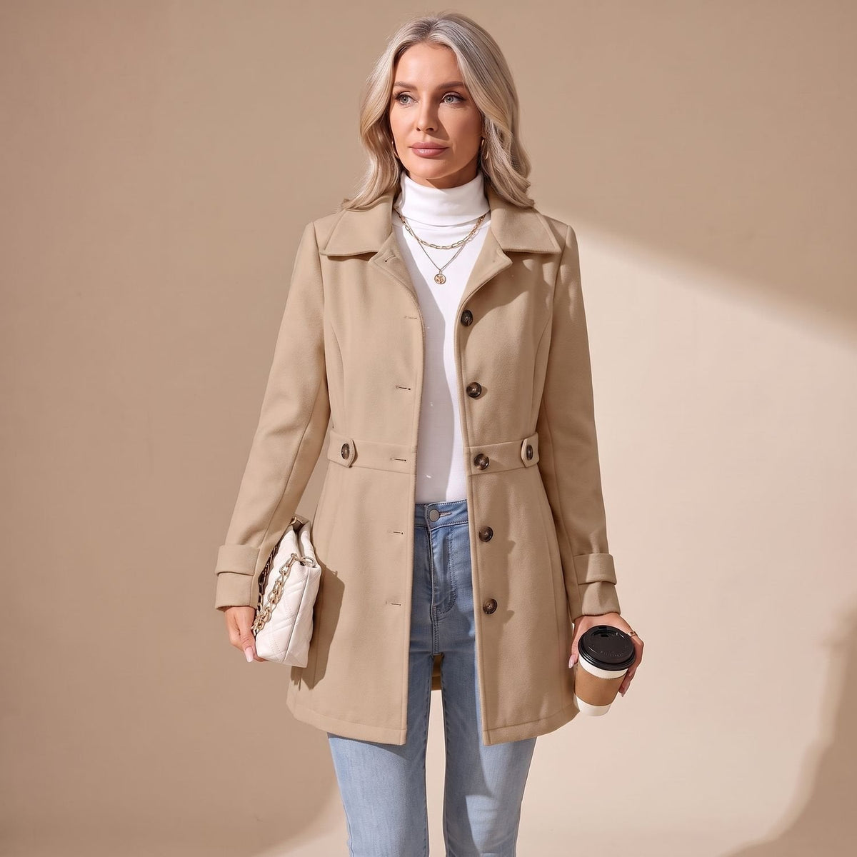 Grace | Women's Slim-Fit Single-Breasted Wool Coat Turn-Down Collar