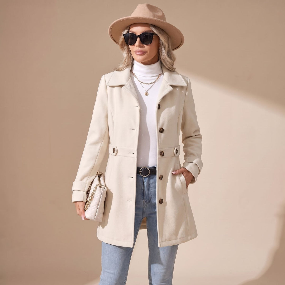 Grace | Women's Slim-Fit Single-Breasted Wool Coat Turn-Down Collar