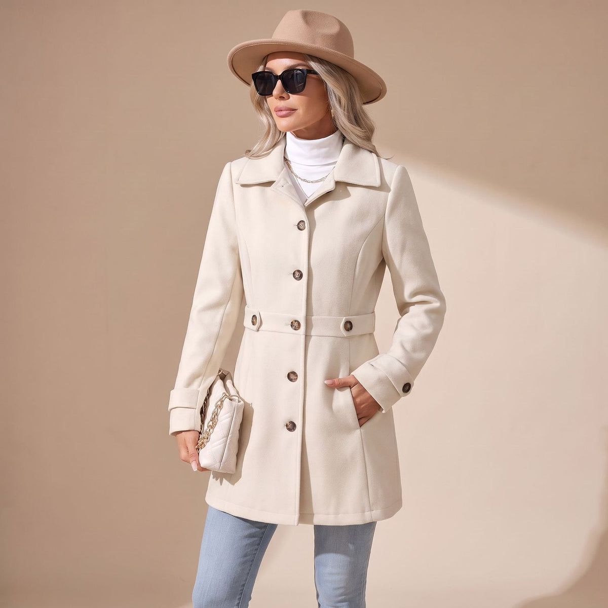 Grace | Women's Slim-Fit Single-Breasted Wool Coat Turn-Down Collar