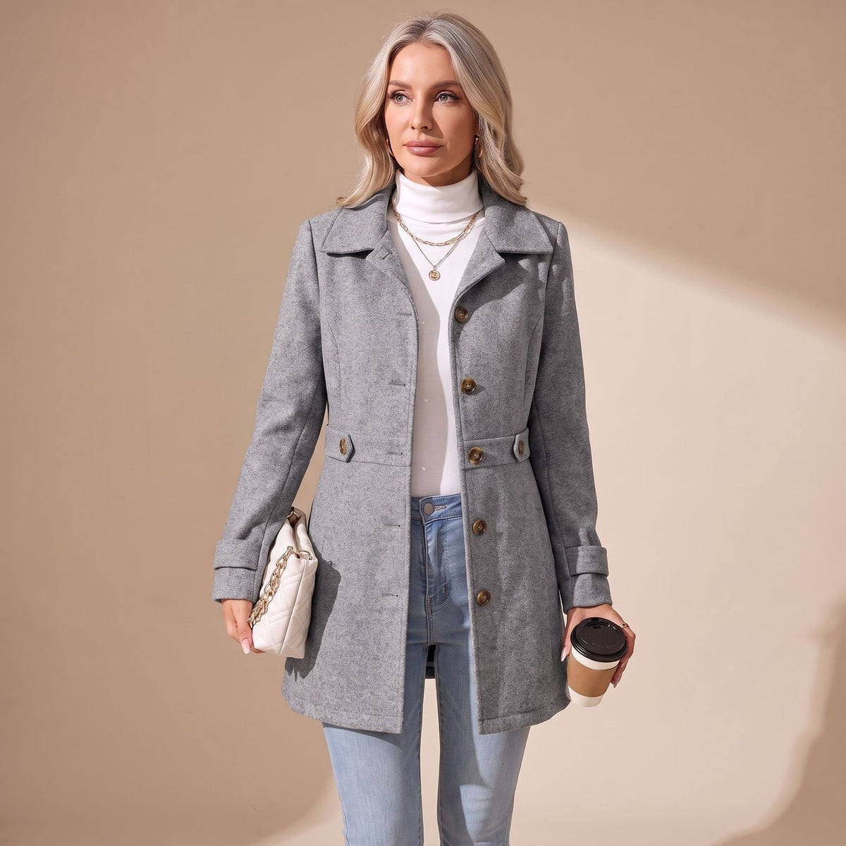 Grace | Women's Slim-Fit Single-Breasted Wool Coat Turn-Down Collar
