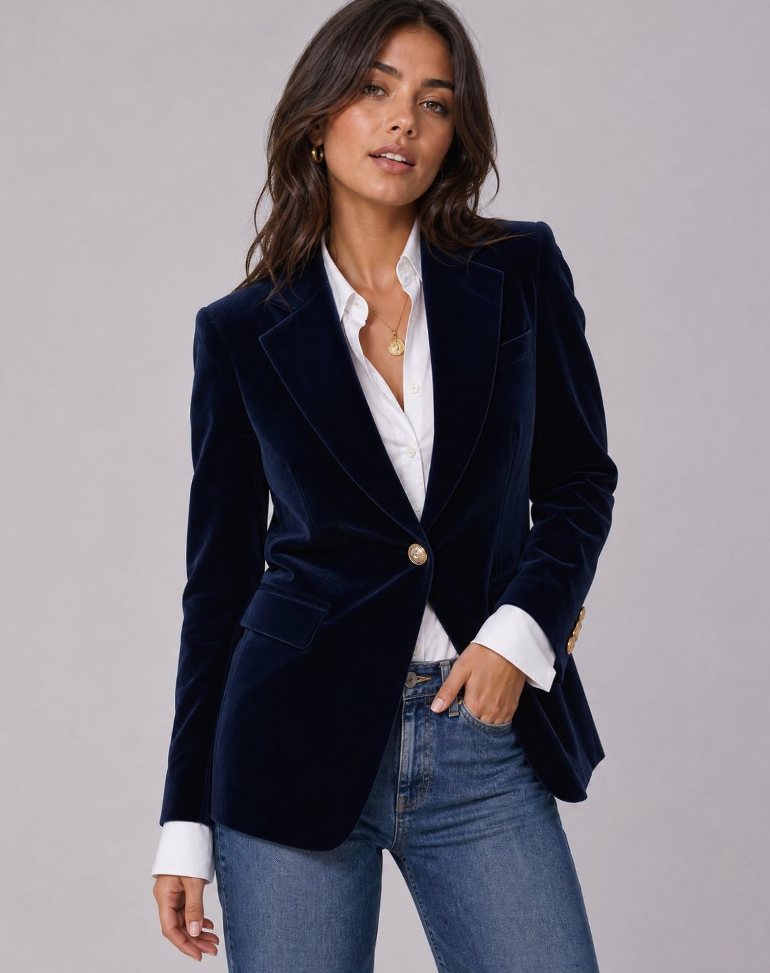 Luna | Women's Slim-Fit Velvet Gold-Button Blazer