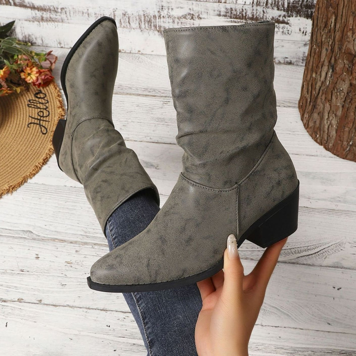 Amelia | Women's Slouch Mid-Calf Block Heel Faux Leather Boots