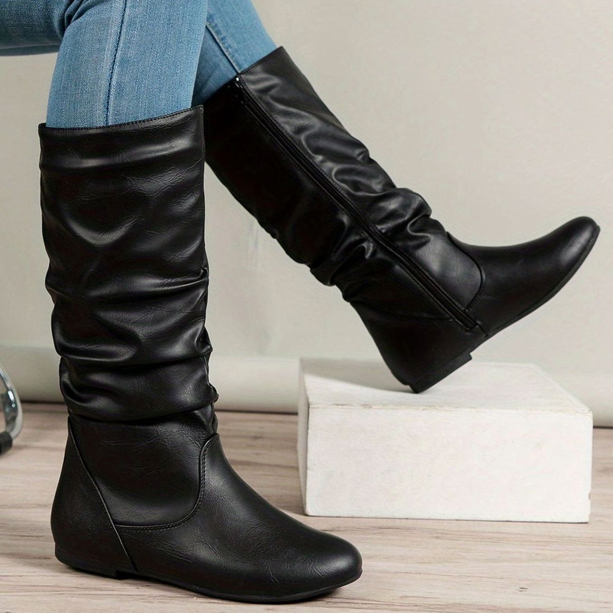 Olivia | Women's Slouched Mid-Calf Boots Flat Zipper