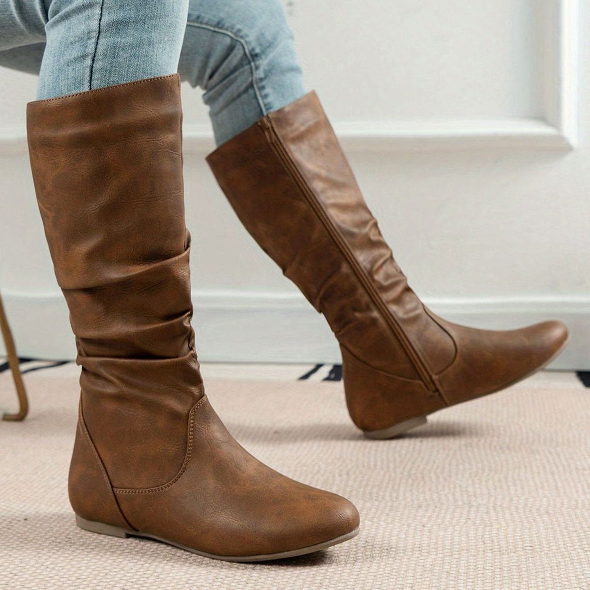 Olivia | Women's Slouched Mid-Calf Boots Flat Zipper