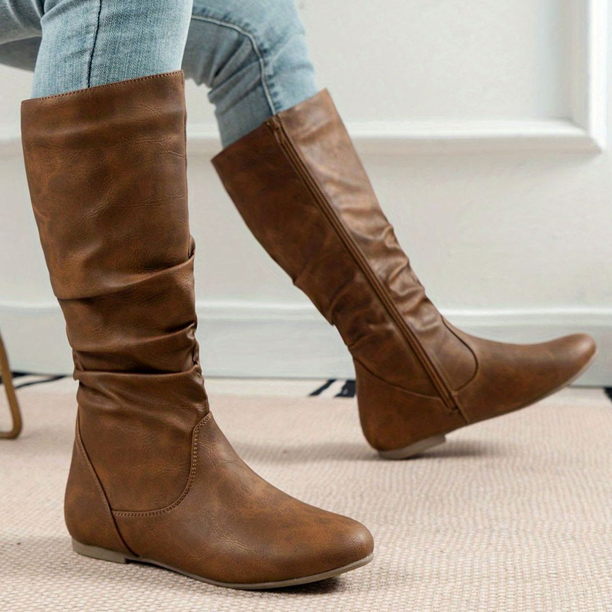 Olivia | Women's Slouched Mid-Calf Boots Flat Zipper