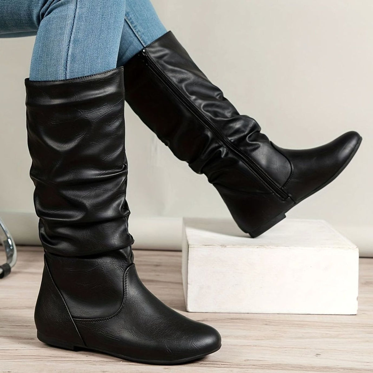 Olivia | Women's Slouched Mid-Calf Boots Flat Zipper