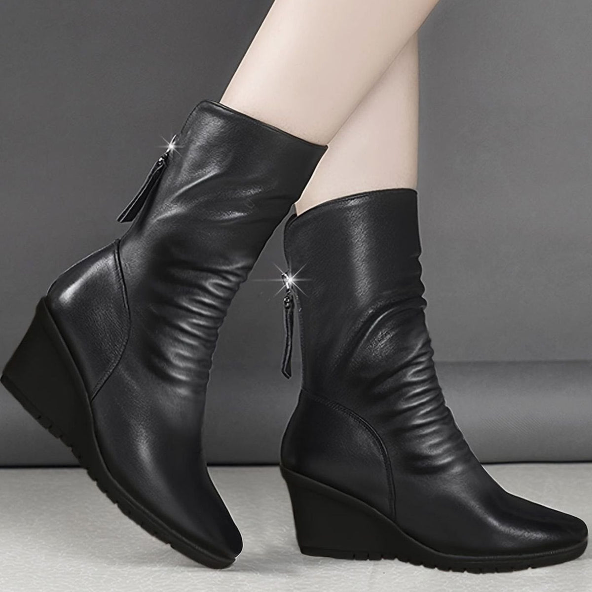 Scarlett | Women's Slouchy Wedge Mid-Calf Boots Side Zip
